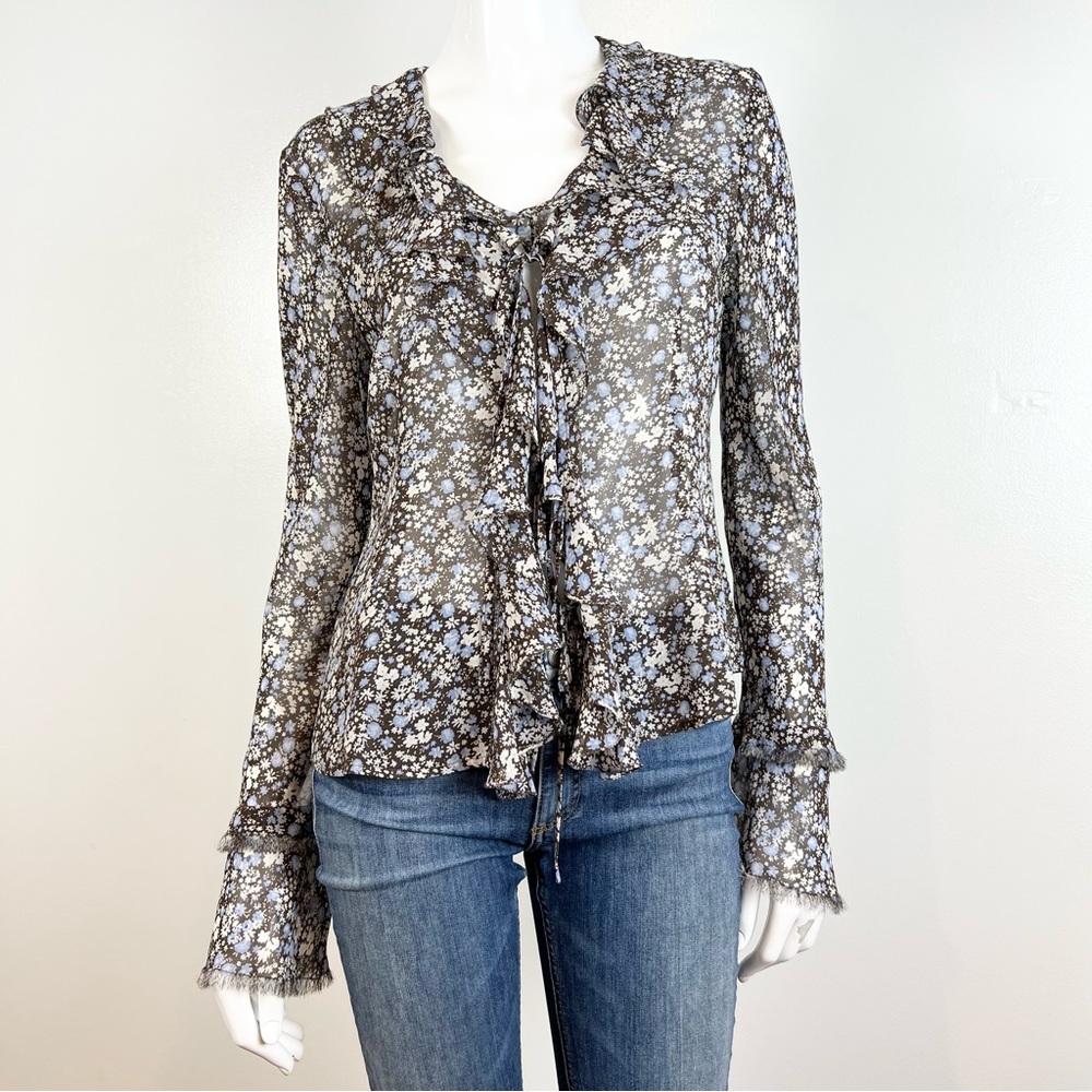Lucky Brand Ruffle Lace Trim Sheer Floral Blouse Size M Brown Blue Long Sleeve